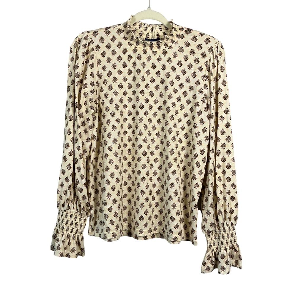 Democracy Womens Cream Medallion Smocked Mock Neck Ruffle Cuff Blouse Medium